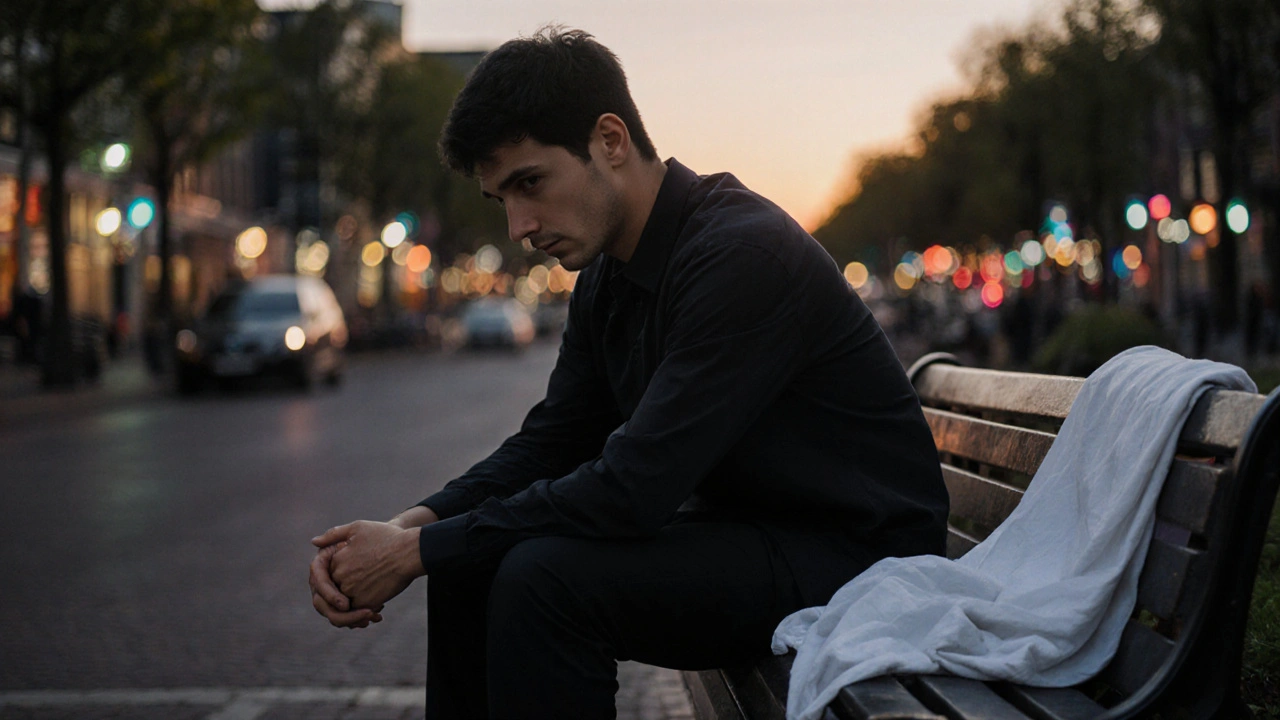 Een man zit rustig op een bank na een Thai-massage, ogen gesloten, een traan op zijn wang, symboliserend innerlijke rust.