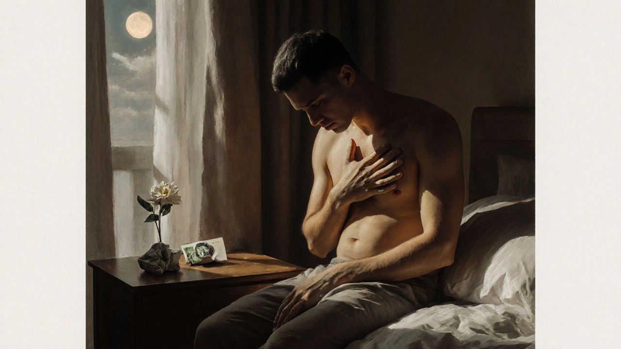 Een man zit stil op het rand van een bed na een massage, hand op zijn borst, een envelop met contant geld en een jasmijnbloem op het nachtkastje.