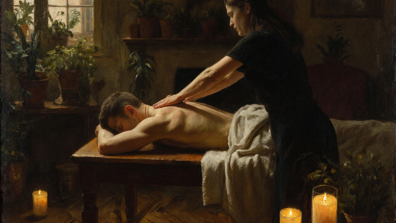 Een masseuse masseert de rug van een man in een warme woonkamer, in stilte en vertrouwen.