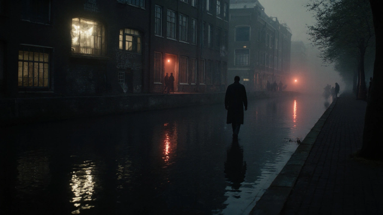 Een persoon loopt langs de Amstel bij zonsopgang, met glinsterende lichtreflexen van een verborgen club op het water.