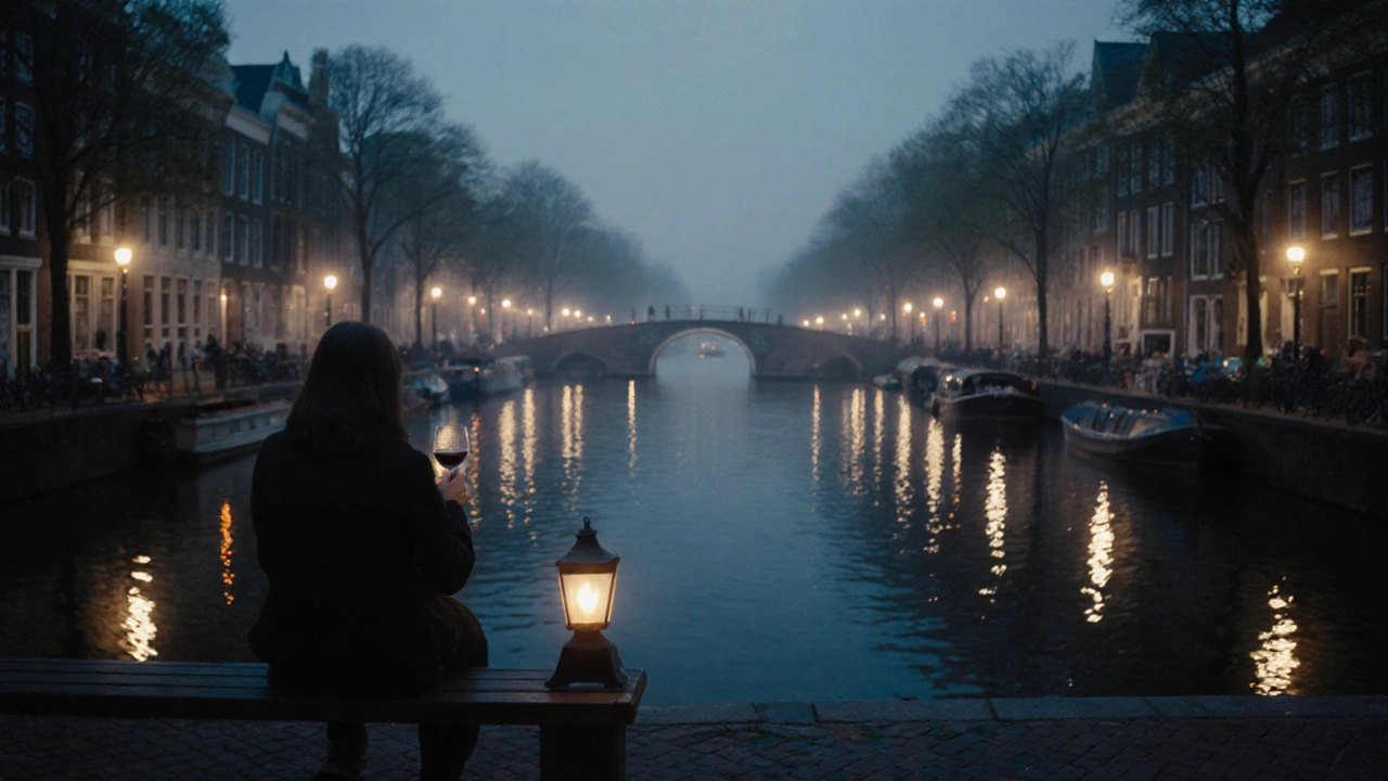 Een persoon op een bank bij Prinsengracht, stil en rustig, met een glas wijn en lichtreflexies op het water.