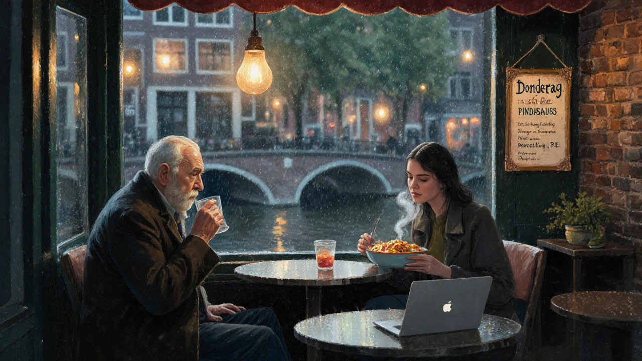 Een vrouw eet stamppot in een klein café terwijl een man jenever drinkt, onder zacht licht in de Jordaan.