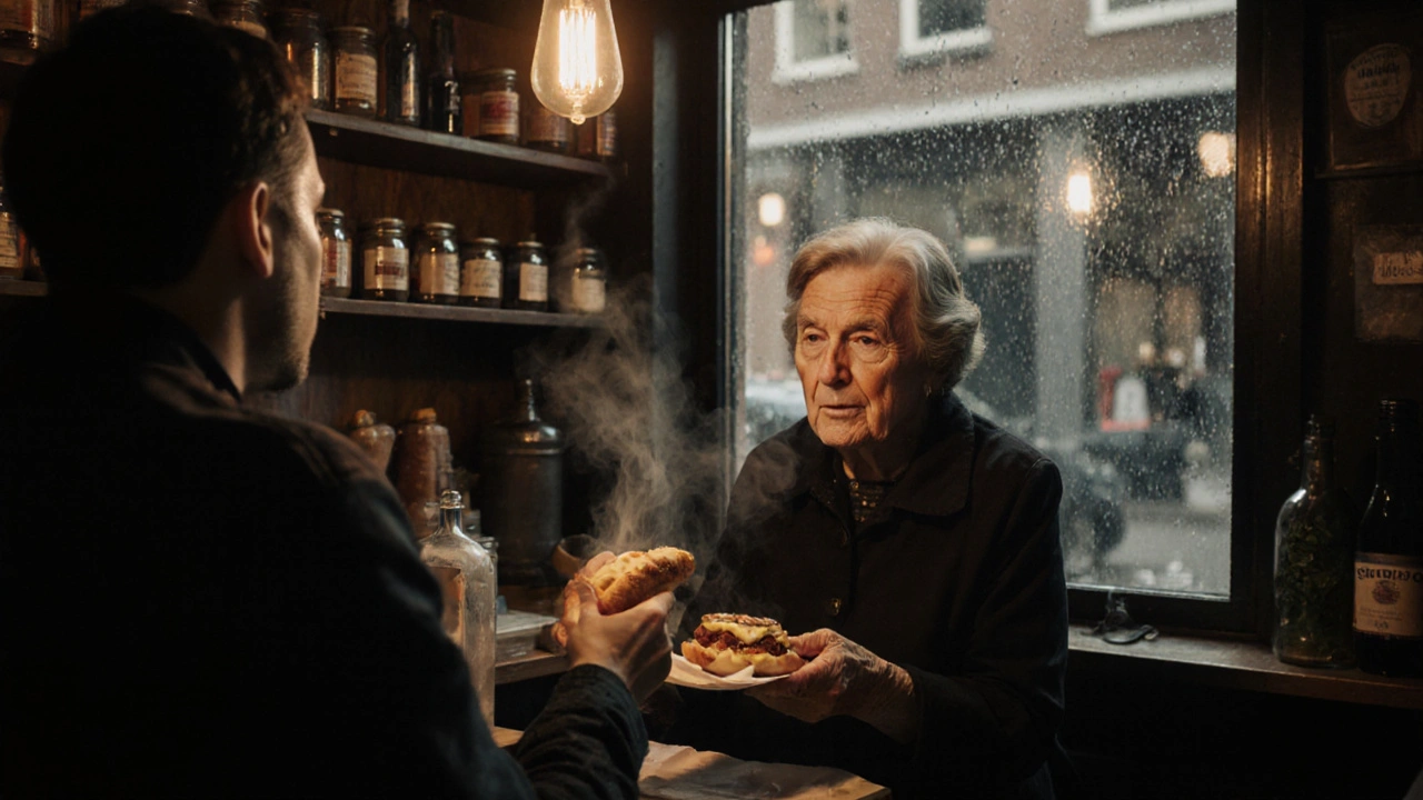 Een vrouw geeft een warm broodje met truffelmayonaise in de gezellige, kleinere De Drie Gratie.