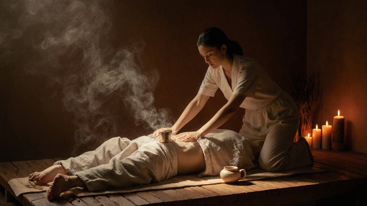 Een vrouw masseert de heupen en billen van een man met haar knieën op een houten platform, zachte kaarslichten en thee stomen in de achtergrond.