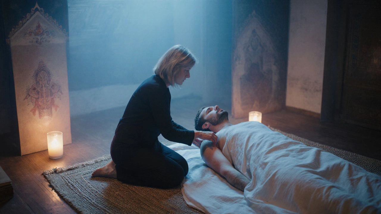 Een vrouw met rustige uitstraling richt haar energie op de onderbuik van een man die onder een laken ligt, in een minimalistische, lichtgevulde ruimte.