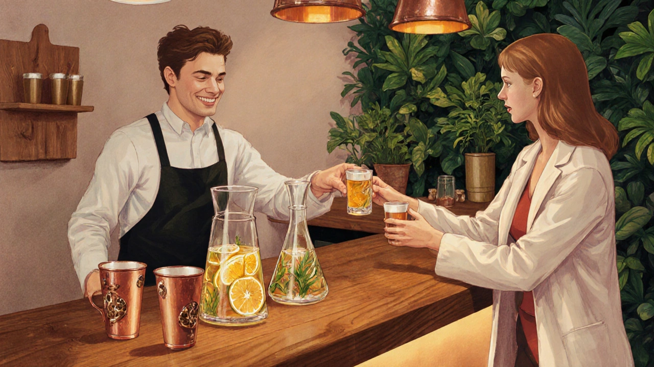 Elegante non-alcoholische dranken op een houten bar met herbruikbare cups en groene planten, in een rustige, bewuste sfeer.