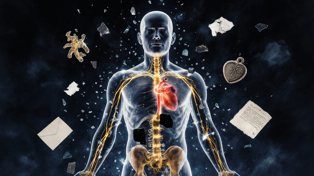 Energiebanen in lichaam breken door blokkades, gouden lijnen en verspreide herinneringen in inktstijl.