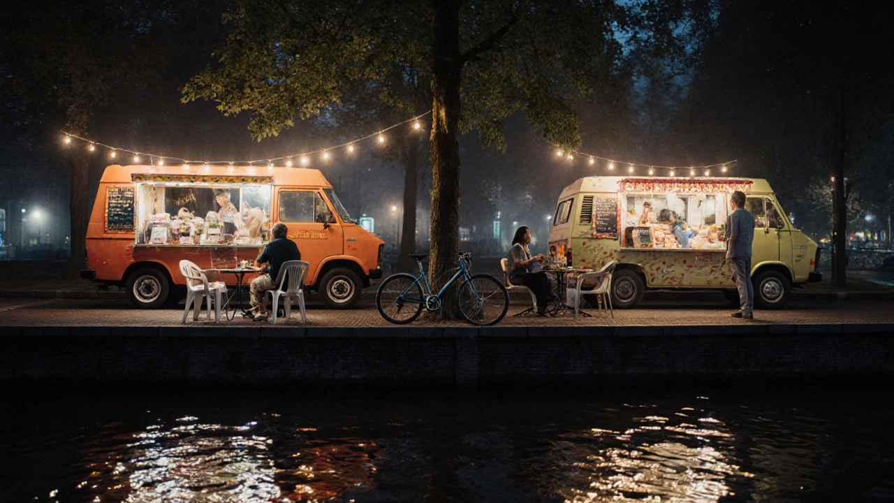 Foodtrucks in Vondelpark bij nacht, mensen eten onder lichtjes bij het kanaal, met sterren aan de hemel.