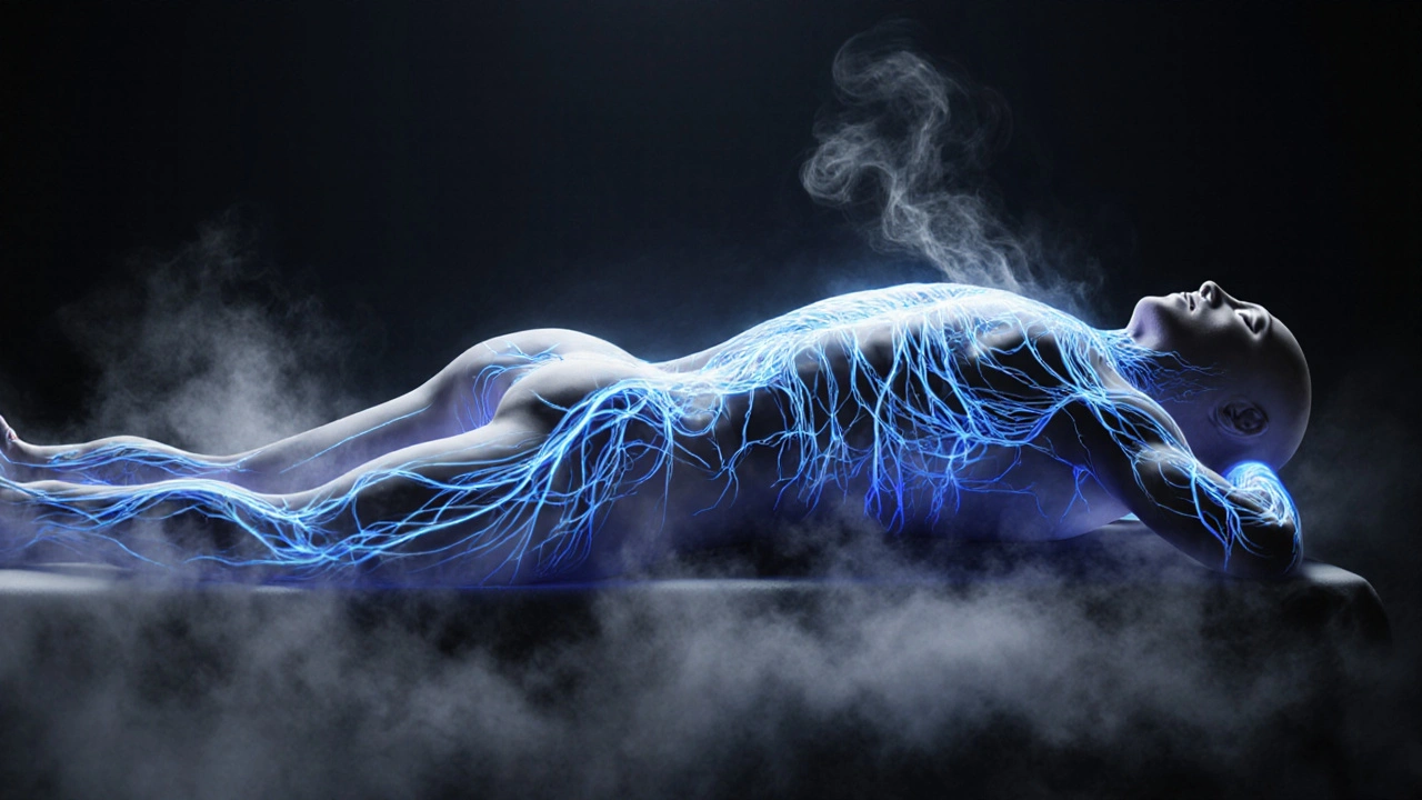 Glowend lymfatisch systeem als blauwe en zilveren paden over een menselijke silhouet, met mistachtige toxines die verdwijnen.