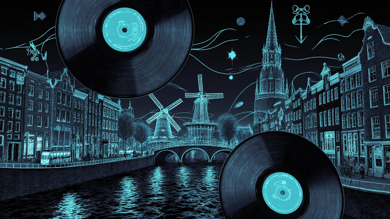 Glowende geluidsgolven verbinden Amsterdamse architectuur met vinylplaten en lokale geluiden in een conceptuele kunstwereld.