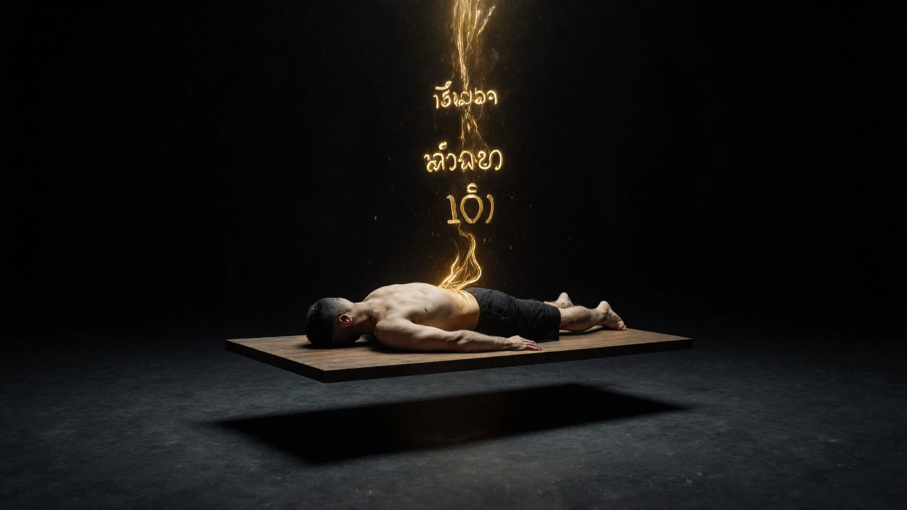 Gouden licht stroomt vanuit de onderrug van een liggende man in een donkere ruimte, symboliserend lichamelijke herstel en innerlijke rust.