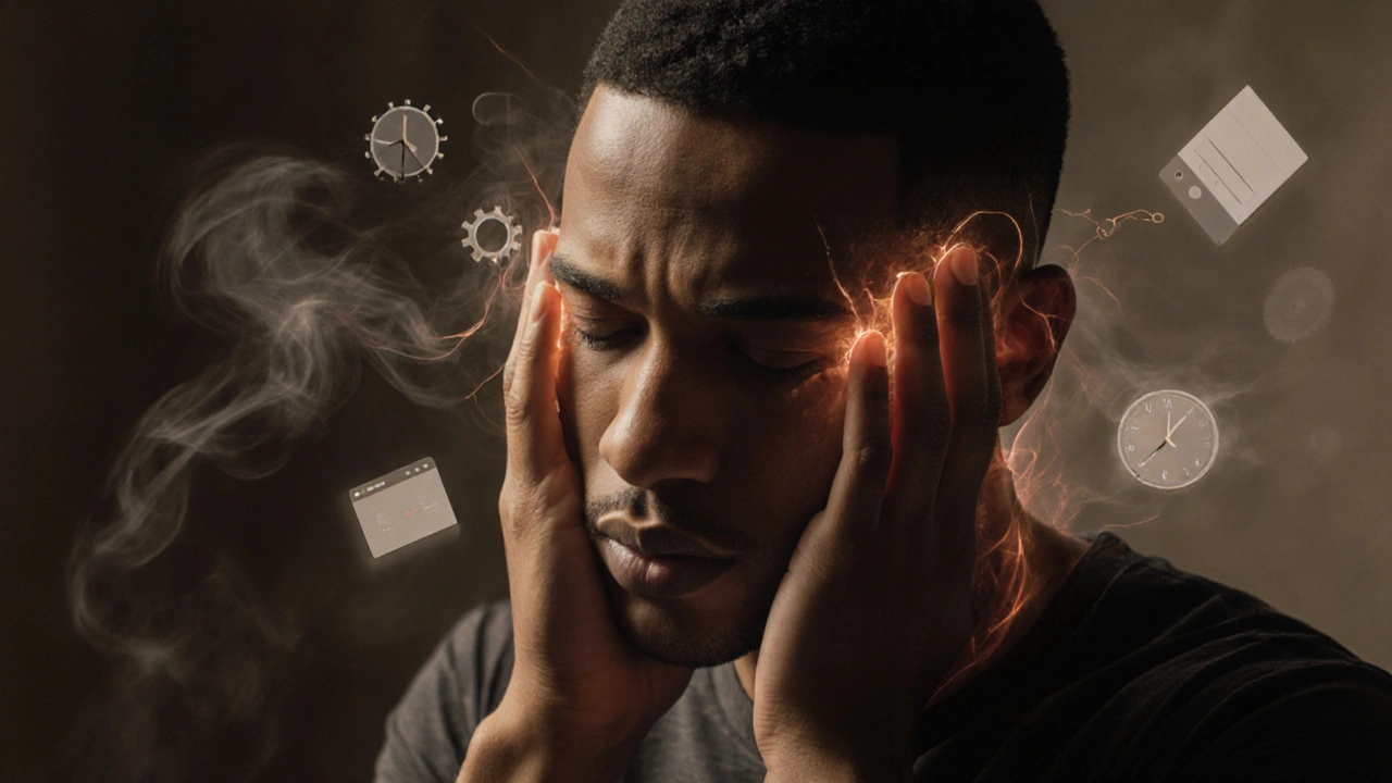 Handen masseren de slapen en nek, met zachte lichtlijnen die spanning doen verdwijnen, achtergrond met vervaagde stresssymbolen.