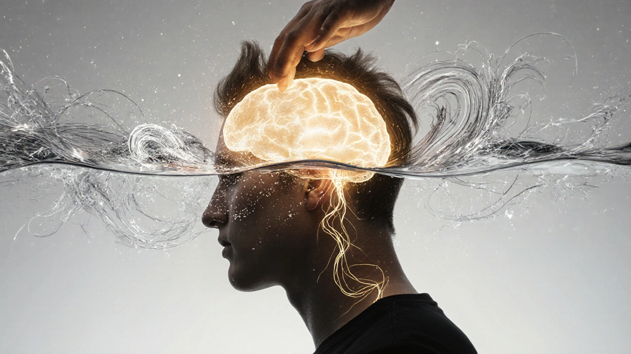 Hoofd zwevend in lucht, licht straalt uit de schedel terwijl statische druk buiten dissipeert, symboliserend mentale rust.