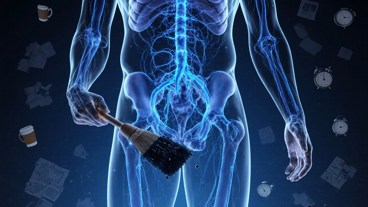 Invisible glowing lymphatic pathways removing impurities from a male body.