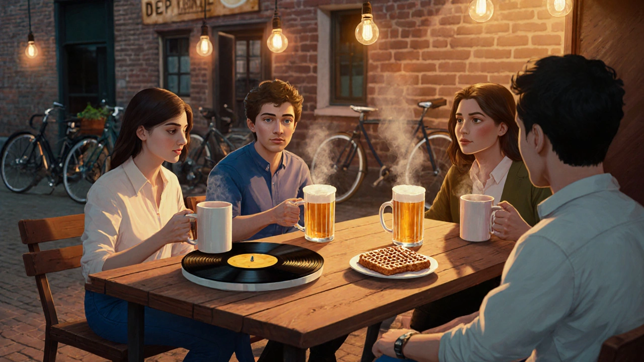 Kleine groep mensen op een terras bij een lokale brouwerij met bier en stroopwafel, zacht licht en een vinylplaat.