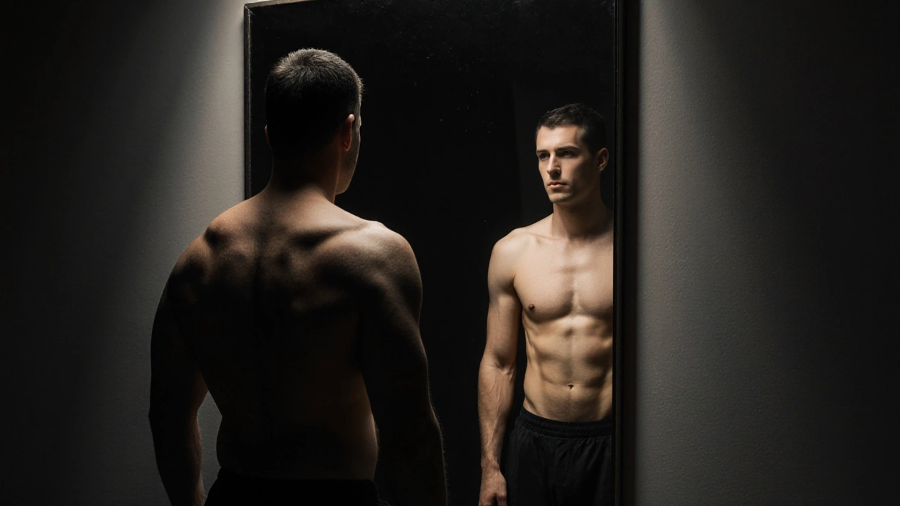 Man&#039;s reflection showing contrast between swollen, tired self and renewed, vibrant self.