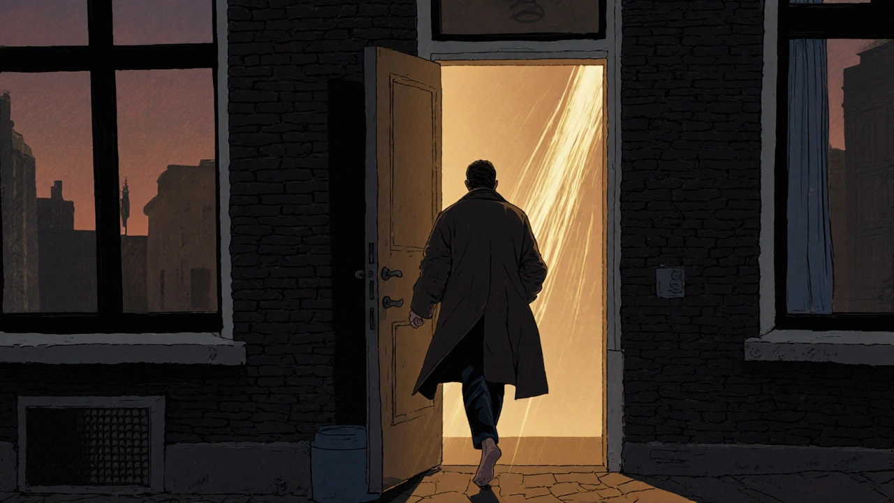 Man loopt na een massage naar buiten, lichaam licht omhuld door gouden lichtstralen, in een Amsterdamse wijk bij schemer.