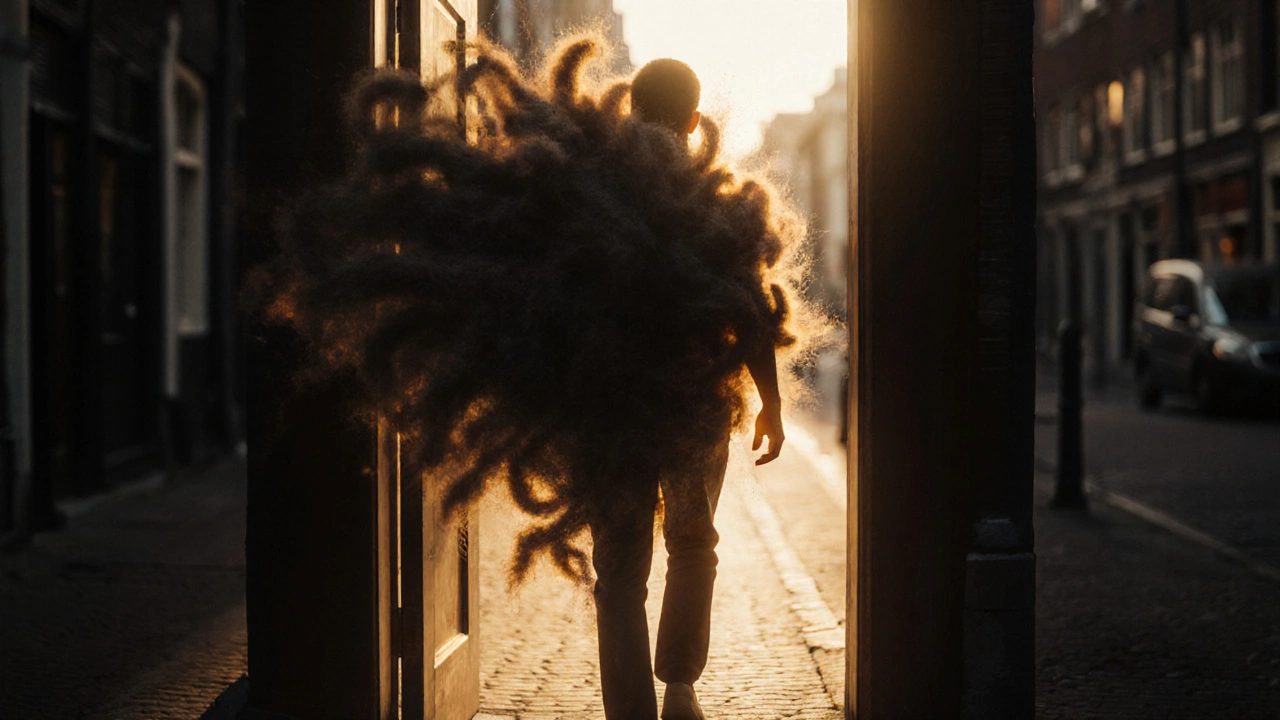 Man loopt vrij en licht uit een deur, terwijl zijn oude spanning in de lucht oplost.