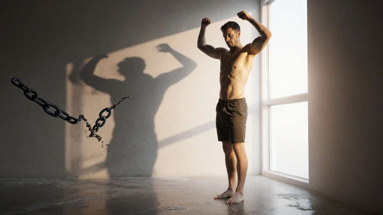 Man na diepe weefselmassage, lichaam verlicht als hij zwaarte kwijt is, schaduw als een gebroken ketting op de muur.