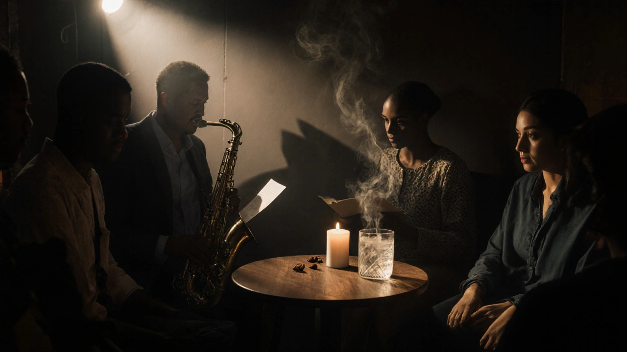 Midnight jazzavond met een dichter die voorleest en een saxofonist in een dimlichte ruimte.