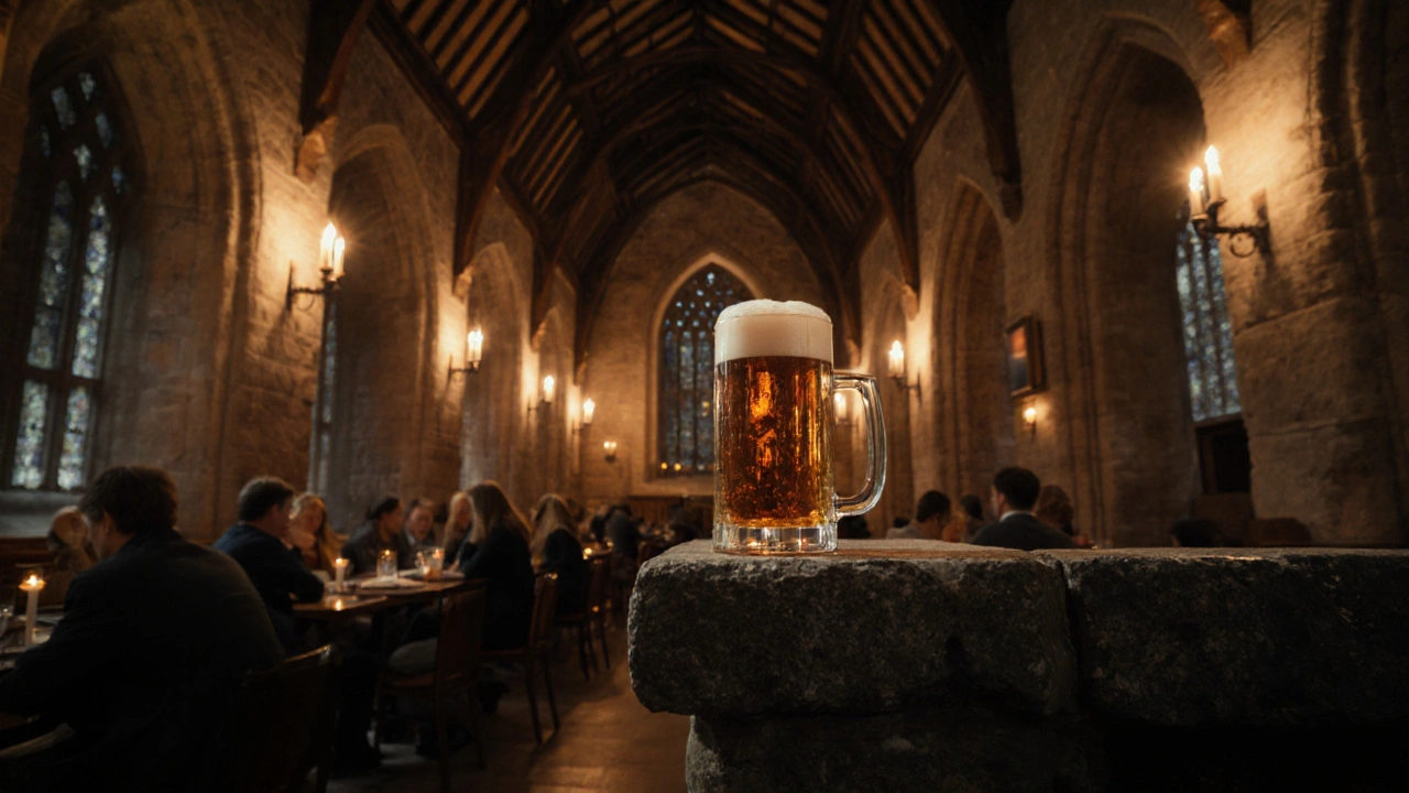 Oude Kerk-pub met middeleeuwse stenen muren en een pint Herfstbier in zacht kaarslicht.