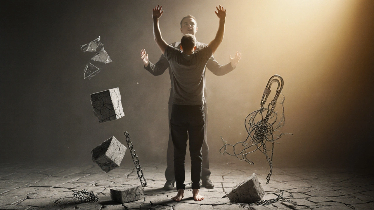 Persoon die zich bevrijdt van fysieke en emotionele lasten, terwijl therapeutische handen licht uitzenden.