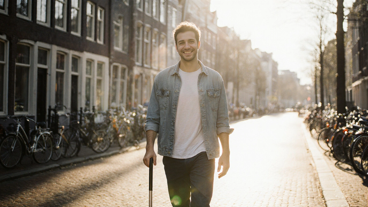 Persoon loopt vrij en zonder pijn door een Amsterdamse straat na succesvolle behandeling.