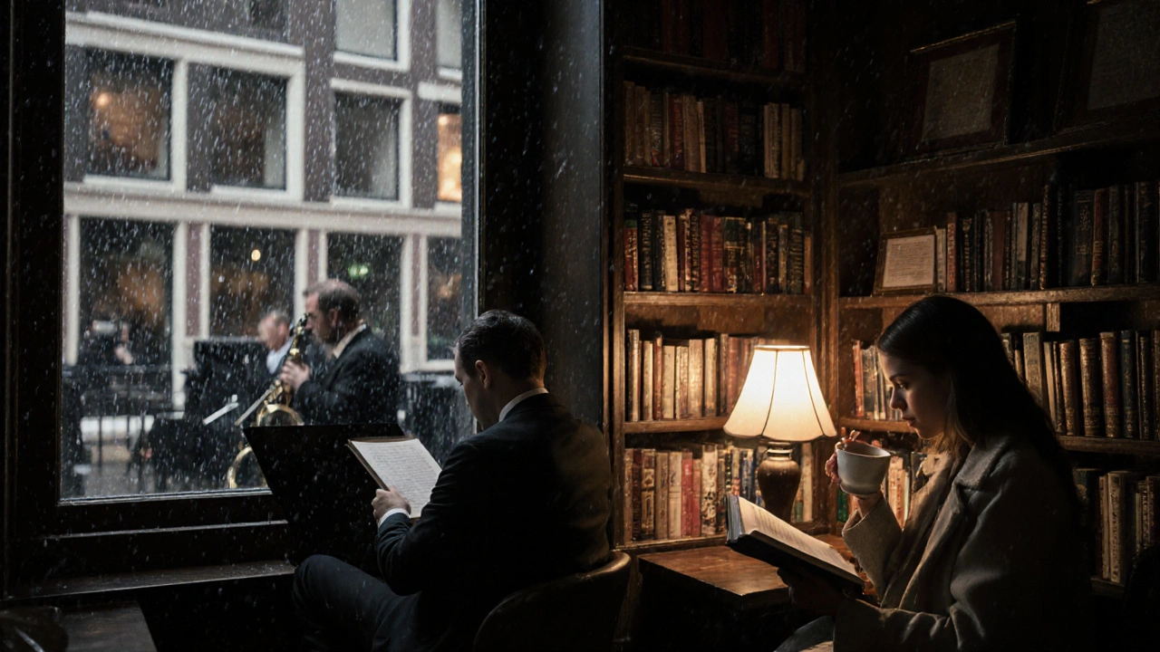 Stille bibliotheekhoek met boeken en jazzmuziek in Paradiso, iemand leest en drinkt thee bij een zachte lamp in de nacht.