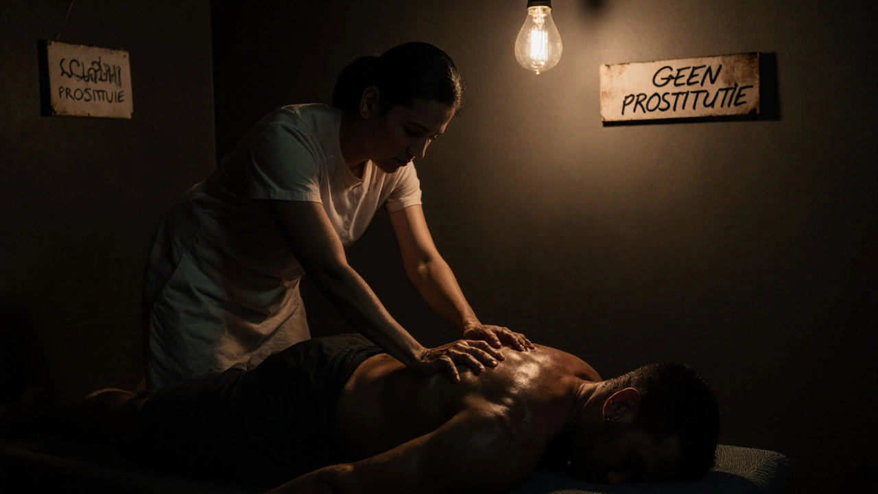 Thai masseuse gebruikt haar knie om de onderrug van een klant te behandelen in een eenvoudige achterkamer.