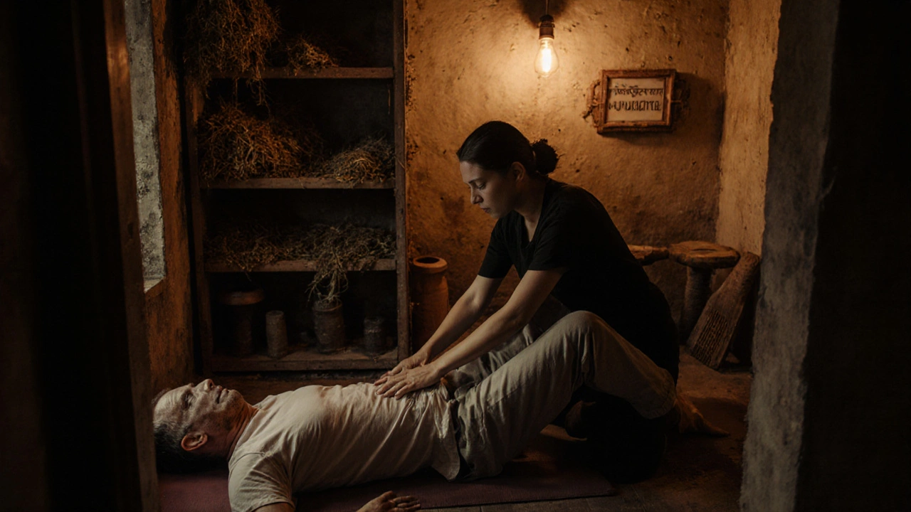 Thai therapeut gebruikt haar knieën om de heupen van een man te openen in een donkere, authentieke achterkamer in Amsterdam.