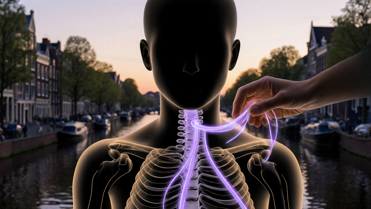 Transparante silhouet van een man met spanningen in zijn lichaam die worden ontspannen door een hand.