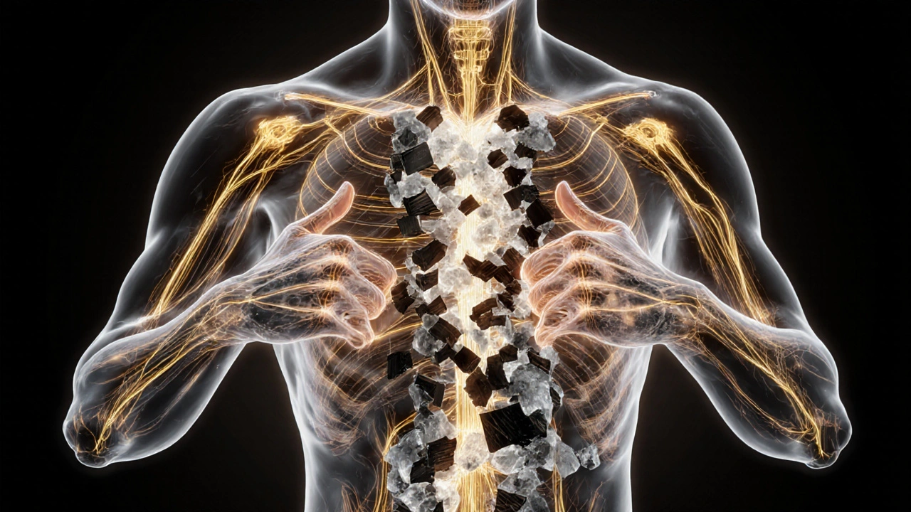 Transparante weergave van energiebanen in het lichaam die worden vrijgemaakt door handdrukken.