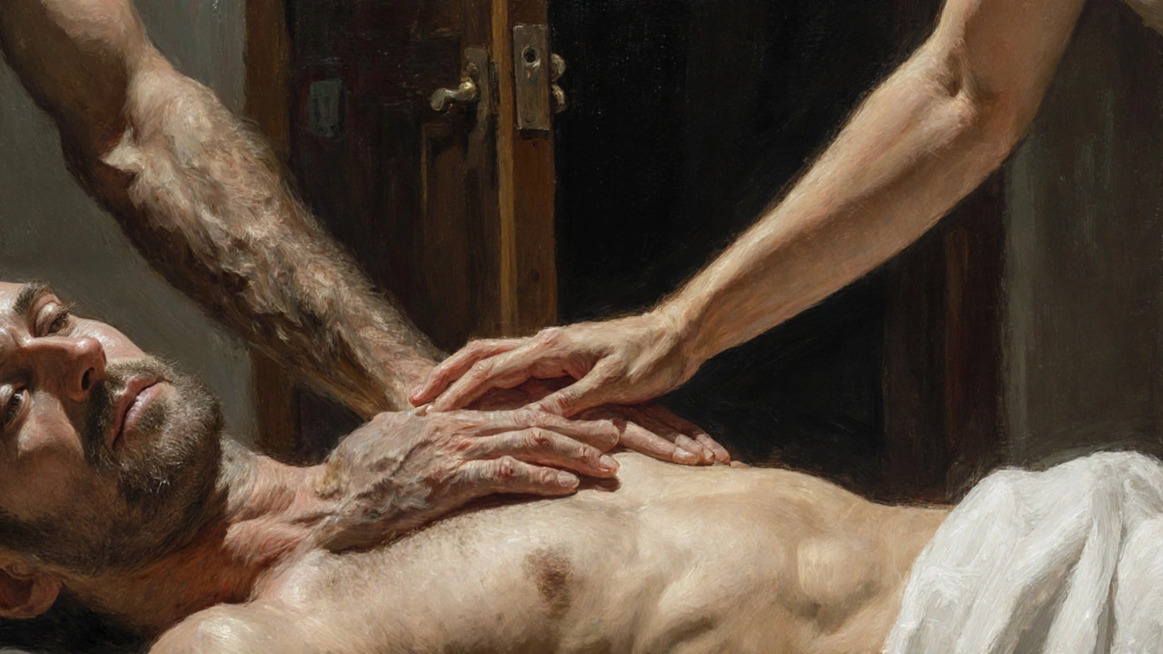 Twee handen rusten zacht op een menselijk lichaam, in een moment van diepe, stiltevolle verbinding.