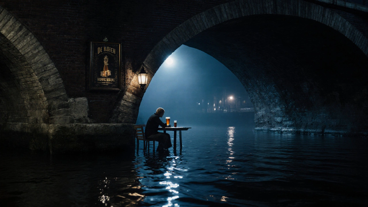 Verborgen café onder een brug aan de Amstel, maanlicht op het water, een persoon met bier.