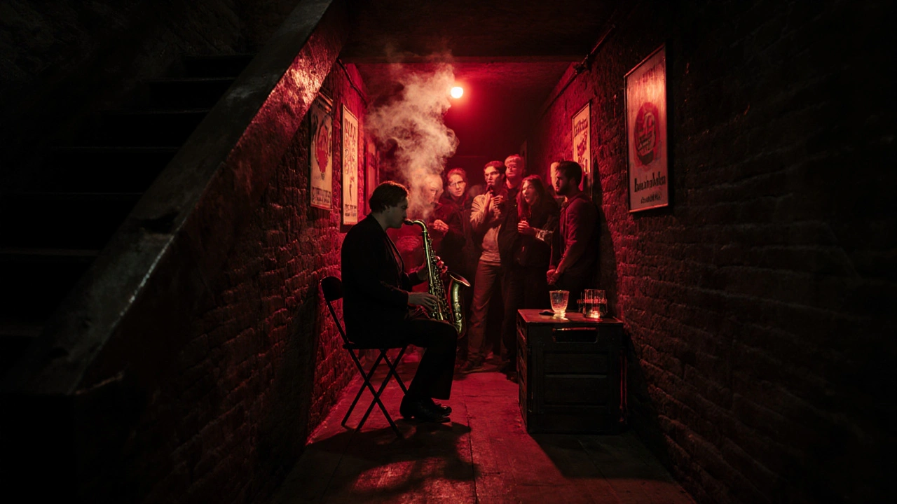 Verborgen jazzlokaal met een saxofonist en een klein publiek in een donkere, rood verlichte kelder.