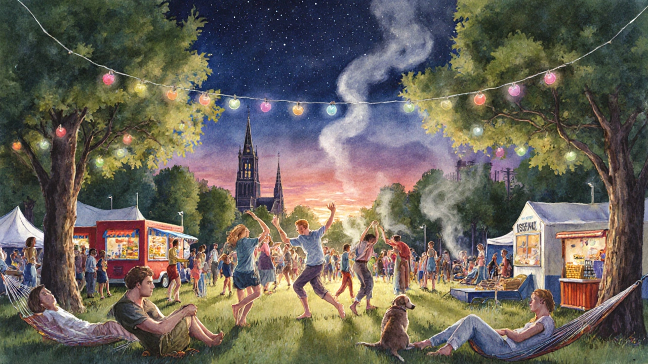 Westerpark Festival op een zomeravond: mensen dansen blootsvoets op het gras onder de sterren, met tenten, voedselwagens en een zwijgende kerk in de achtergrond.