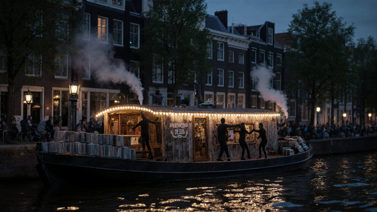 Woonboot op de Amstel met lichtstrepen die weerspiegelen in het water, dansers in de nacht.