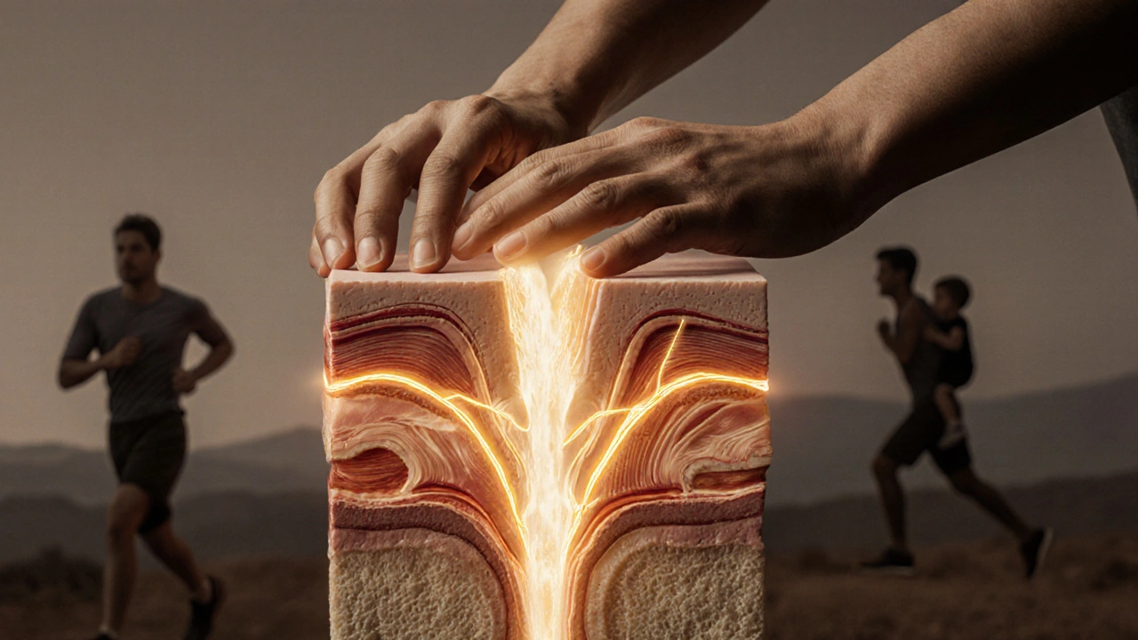 X-ray-stijl illustratie van diepe spierlagen en fascia die loskomen onder therapeutische druk, met gouden lichtlijnen voor herstel.