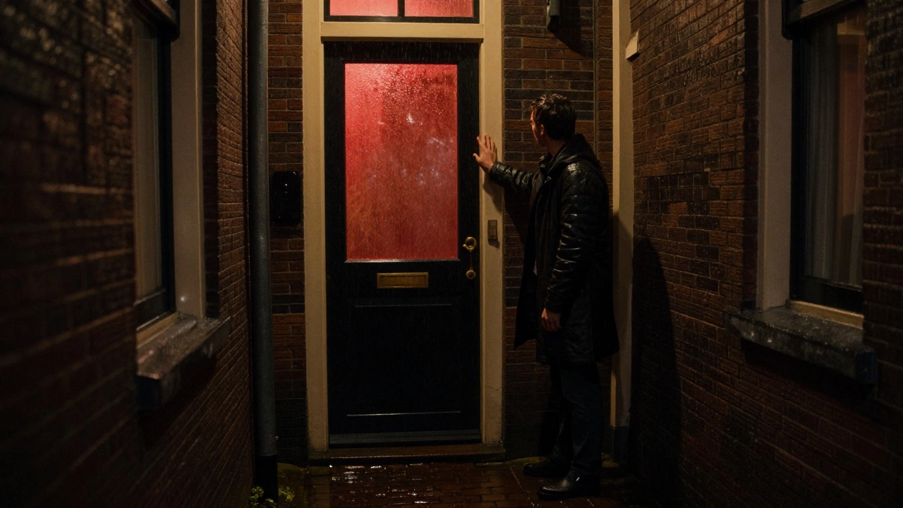 A man hesitating to knock on a discreet red-lit door in a rainy Amsterdam alley, no signs visible.