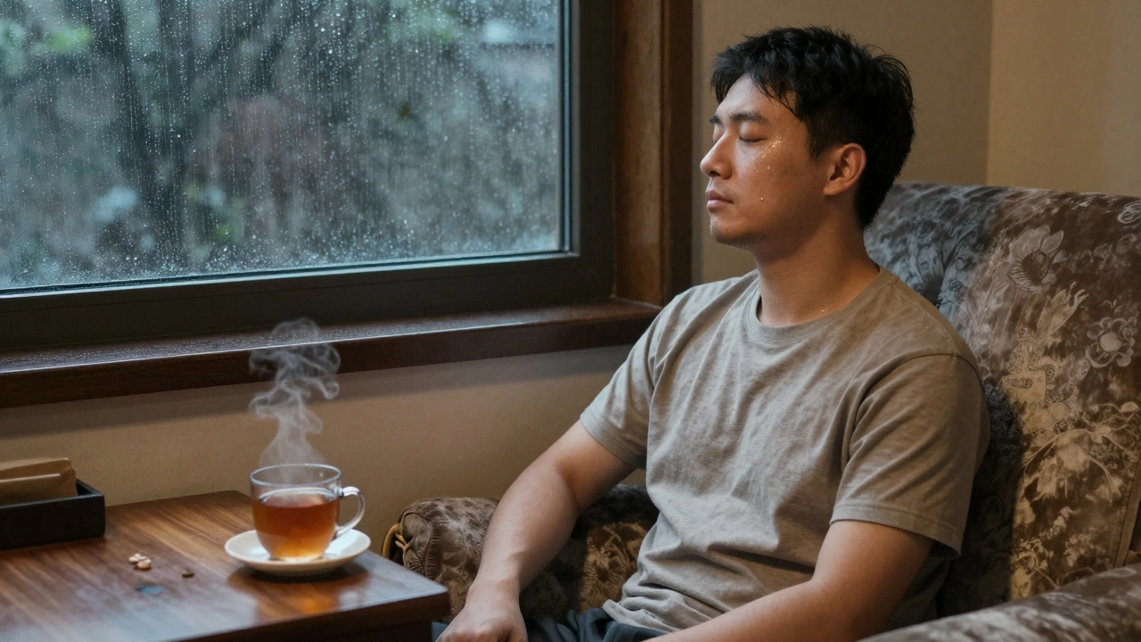 A man sitting peacefully on a couch after a massage, gazing at rain outside, teacup beside him, tears on his cheek.