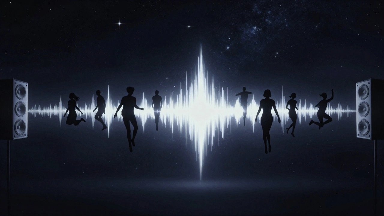Abstracte voorstelling van geluidsgolven die mensen doen zweven in een donkere ruimte, symbolisch voor verlies en bevrijding.