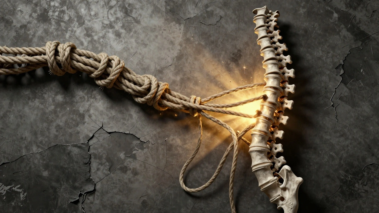 Abstracte weergave van een wervelkolom waar spierknooppunten oplossen als touwen die worden ontward.