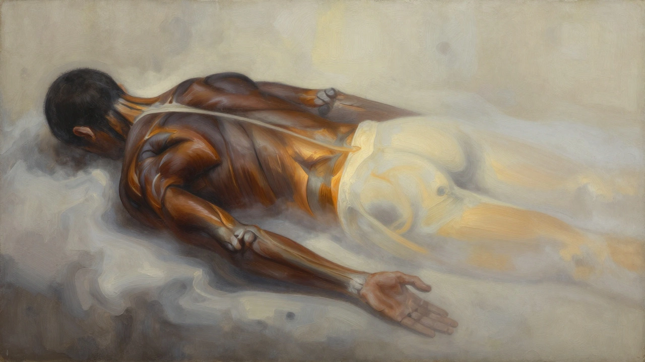 Abstracte weergave van gespannen spieren die veranderen in licht en rust, symbolisch voor herstel.