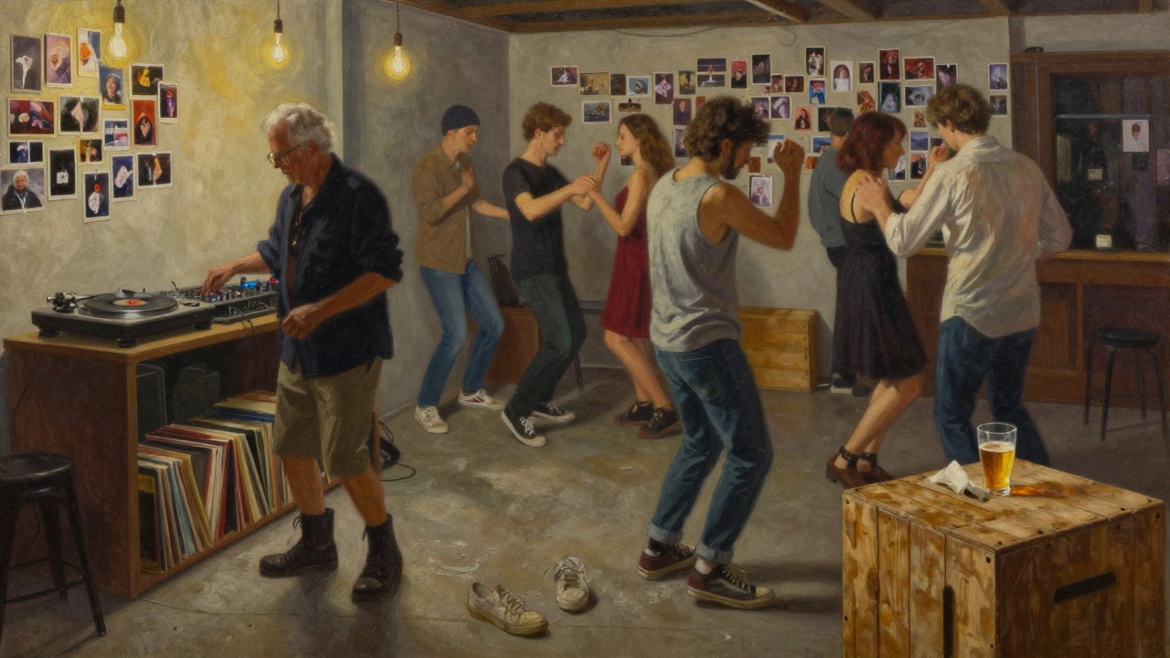 Binnenkant van de club met DJ aan een turntable, mensen dansend onder oude gloeilampen.