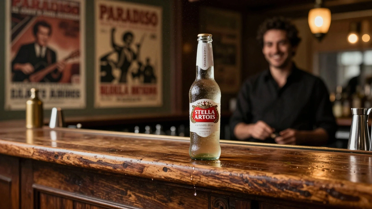 Close-up of a cold Stella Artois bottle on an old wooden bar at Paradiso, with vintage concert posters reflected in the background.