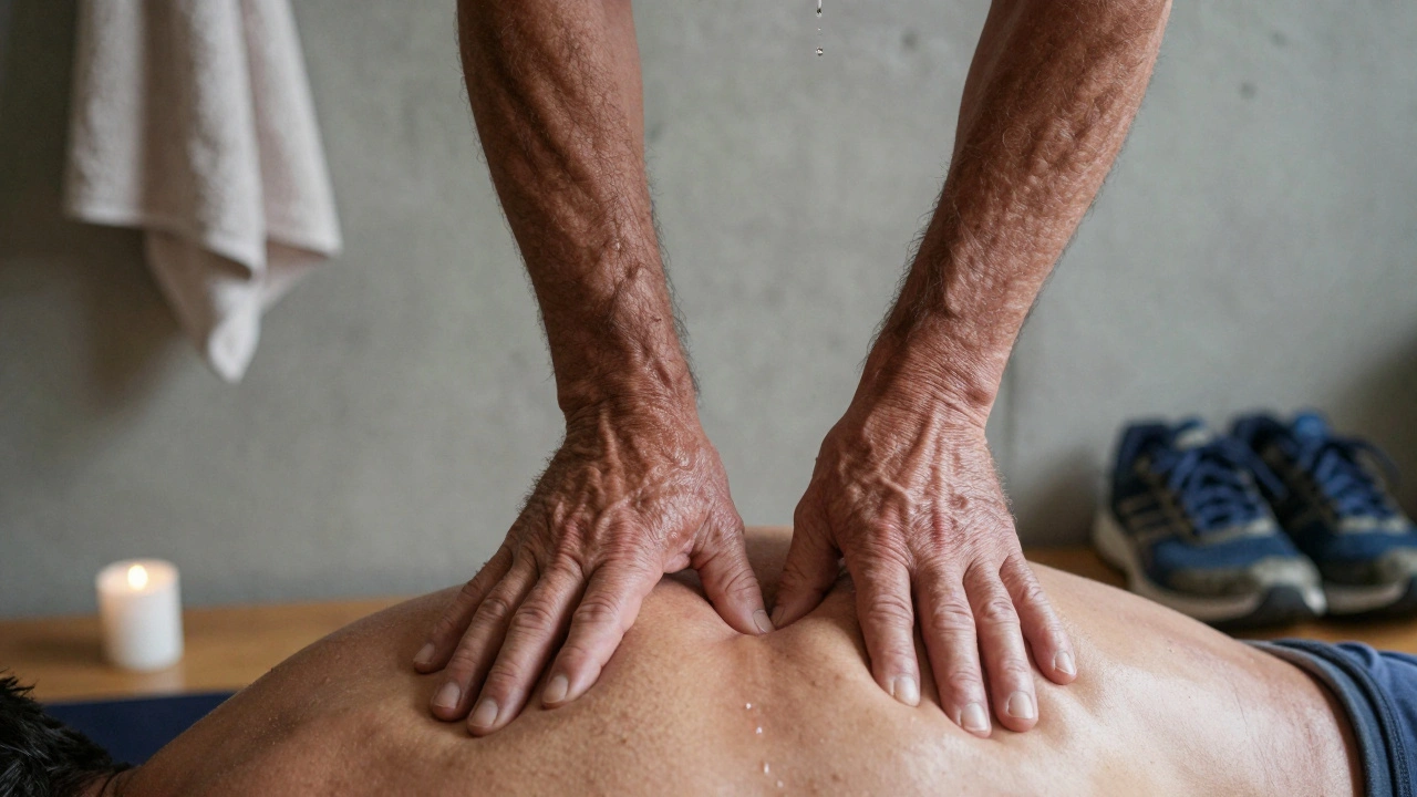 Close-up van krachtige handen die diep in de onderrug drukken, spieren spannen onder intensieve druk.