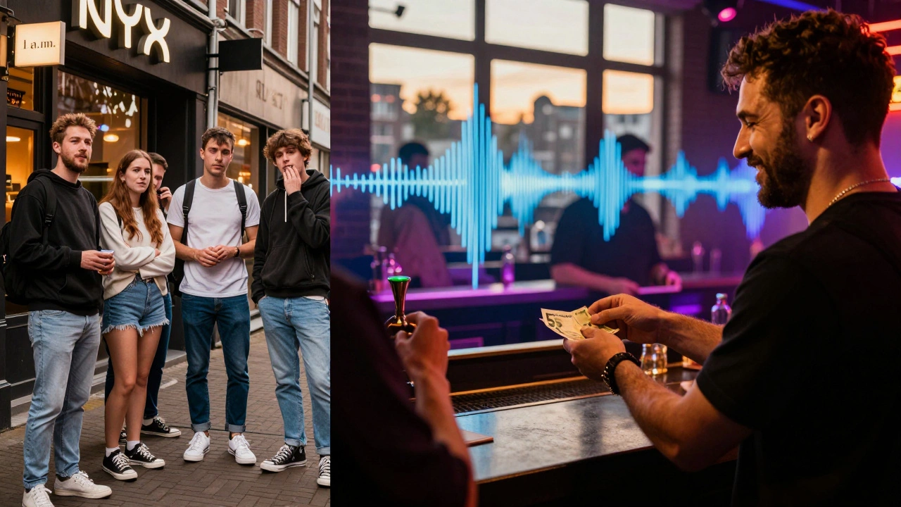 Contrast tussen toeristen die wachten en een lokale die aan de bar een fooi geeft bij Club NYX in Amsterdam.