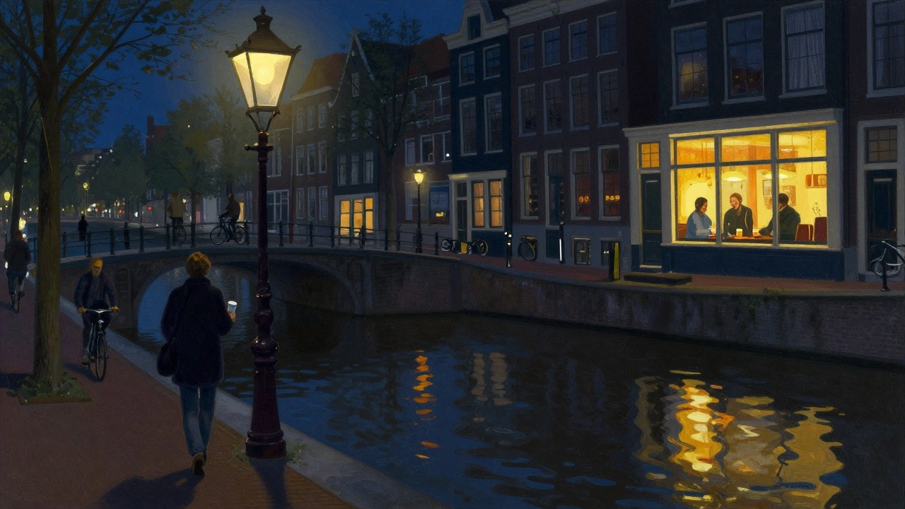 Een eenzame persoon loopt onder een straatlantaarn bij De Burcht, met het licht van de bar in de achtergrond.