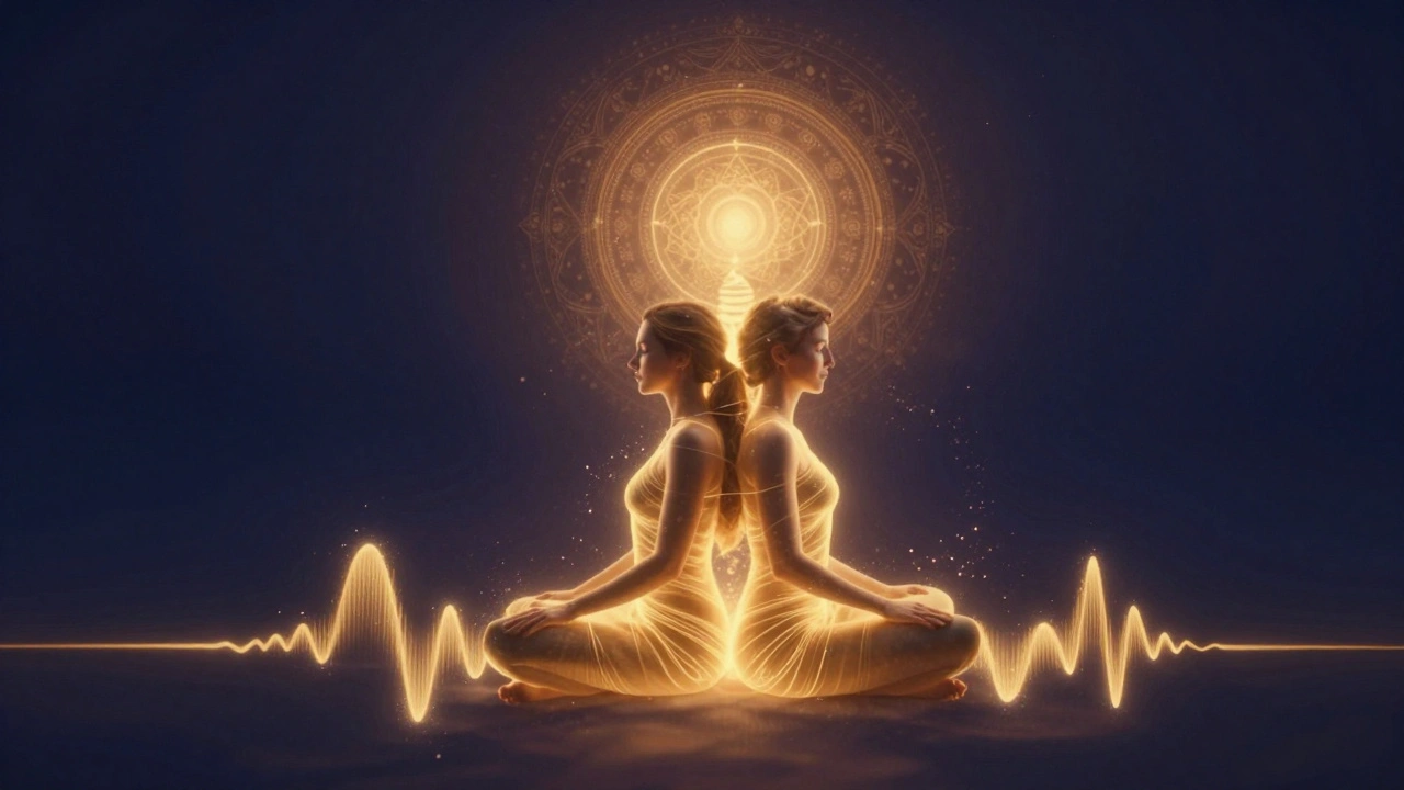 Een gouden energiegolf stijgt tussen twee personen die rug aan rug zitten, een symbolische weergave van verbinding zonder lichamelijke vorm.