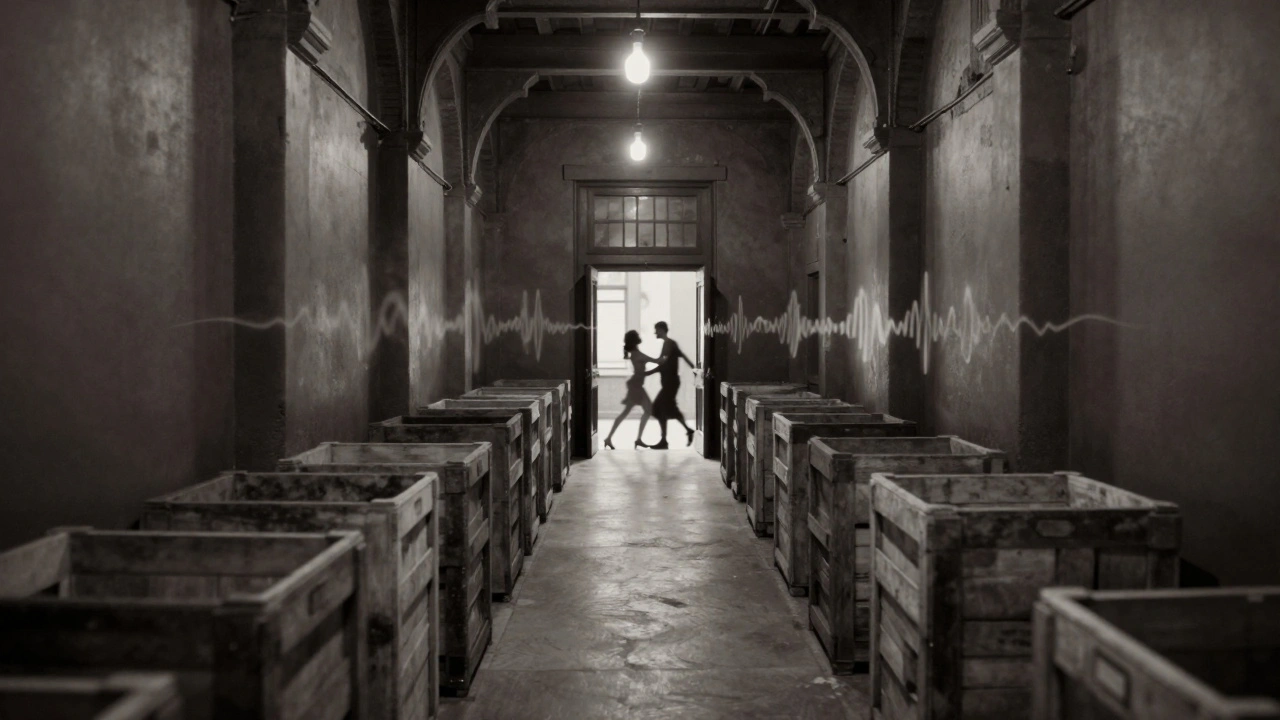 Een lege gang in de markthal met kratten en silhouetten van dansers in de verte.